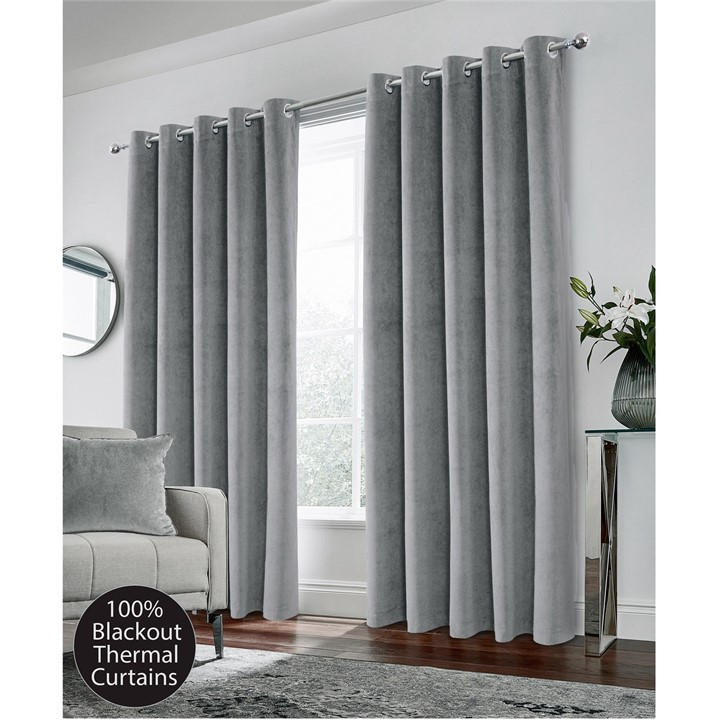 Enhanced Living  Grey Hampton Velvet 100% Blackout Thermal Ring Curtain in Size 66x72 Inch, Sports Direct