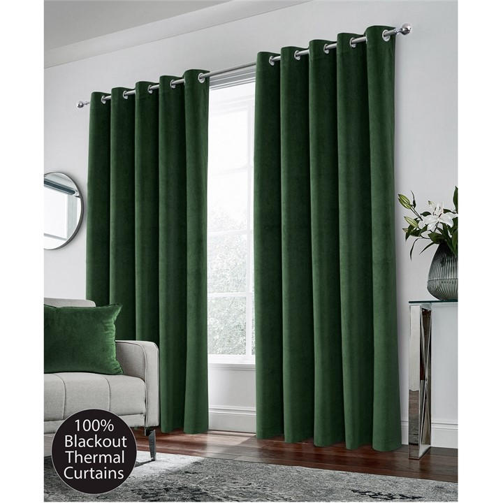 Enhanced Living  Green Hampton Velvet 100% Blackout Thermal Ring Curtain in Size 90x90 Inch, Sports Direct