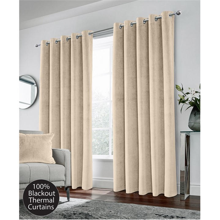 Enhanced Living  Cream Hampton Velvet 100% Blackout Thermal Ring Curtain in Size 66x72 Inch, Sports Direct