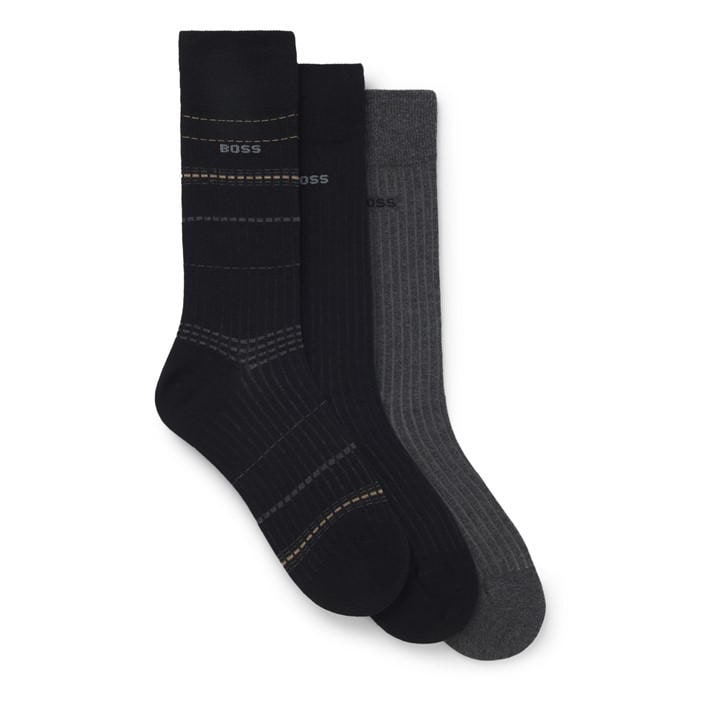 Boss Men's Black 3 Pack Rib Stripe Socks in Size 6 - 11, Sports Direct