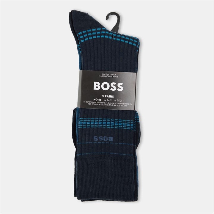 Boss Men's Blue 3 Pack Rib Stripe Socks in Size 6 - 11, Sports Direct