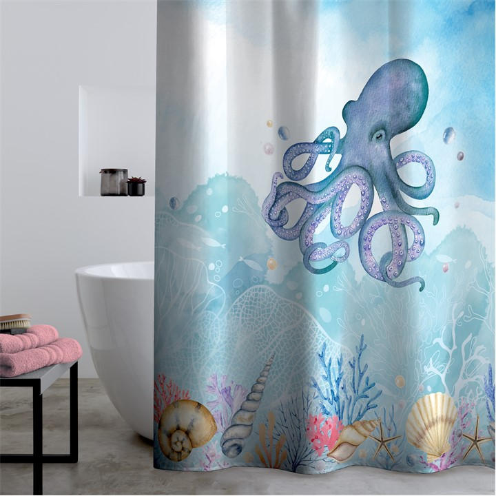 Catherine Lansfield  Blue Octopus Shower Curtain in Size 180x180cm, Sports Direct