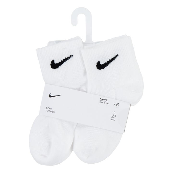 Nike  Kids White 6 Pack Ankle Socks  in Size C8 - C13, Sports Direct