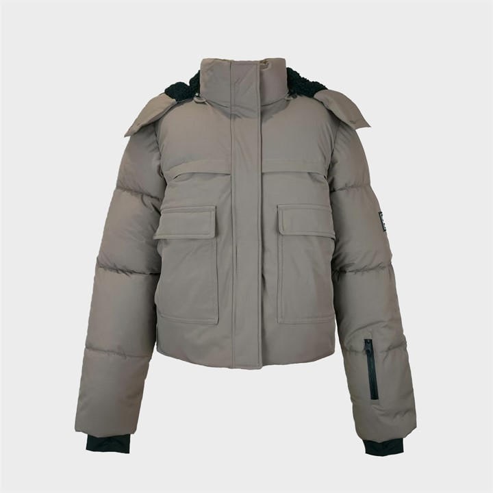 Jack Wills Women's Brown Cropped Puffer Waterproof Windproof Hooded Ski Jacket in Size 14, Sports Direct