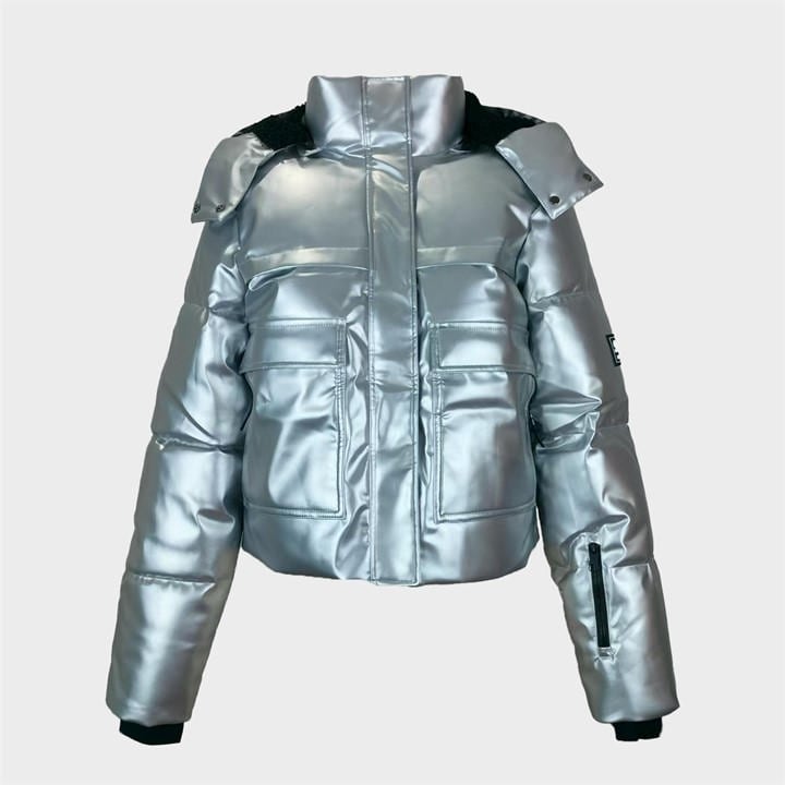 Jack Wills Women's Silver Cropped Puffer Waterproof Windproof Hooded Ski Jacket in Size 14, Sports Direct