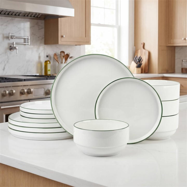 Waterside  Green 12Pc Sage Rim Stacking Dinner Set, Sports Direct