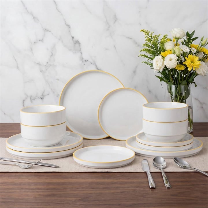 Waterside  White 12Pc Yellow Rim Stacking Dinner Set, Sports Direct