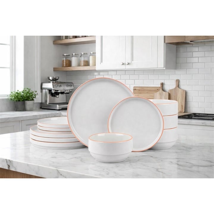 Waterside  White 12Pc Orange Rim Stacking Dinner Set, Sports Direct