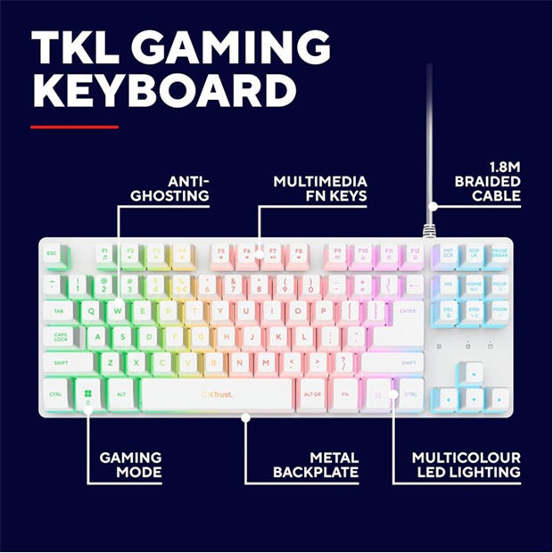 White - Trust - GXT 833W Thado TKL Illuminated RGB Gaming Keyboard