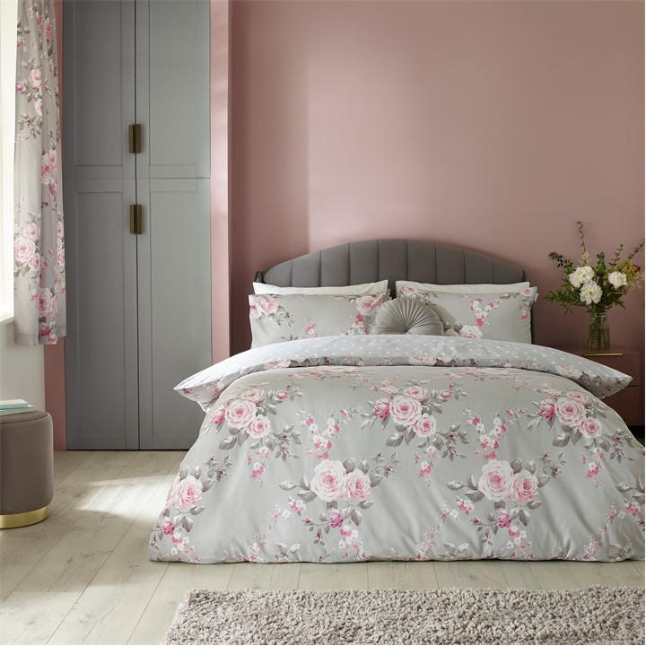 Catherine Lansfield Grey Canterbury Floral Reversible Duvet Cover Set - Super King - Image 3