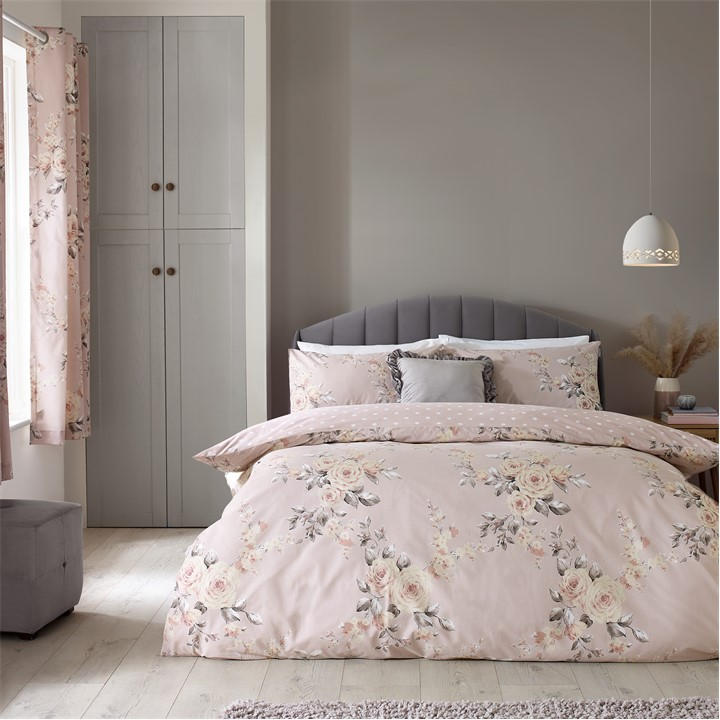 Catherine Lansfield  Pink Canterbury Floral Reversible Duvet Cover Set in Size Double, Sports Direct