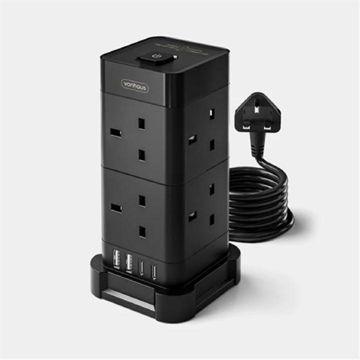 Vonhaus  Black Tower Extension Lead With Usb Power Surge Protect, Sports Direct