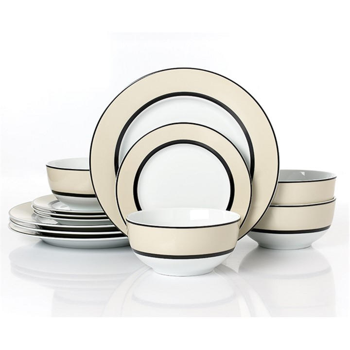 Waterside   12Pc York Cream Band Dinner Set, Sports Direct