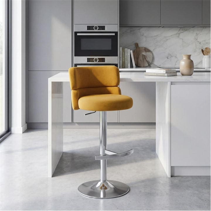Shankar  Yellow Mason Brushed Velvet Brushed Steel Base Bar Stool in Size 50x109x48, Sports Direct
