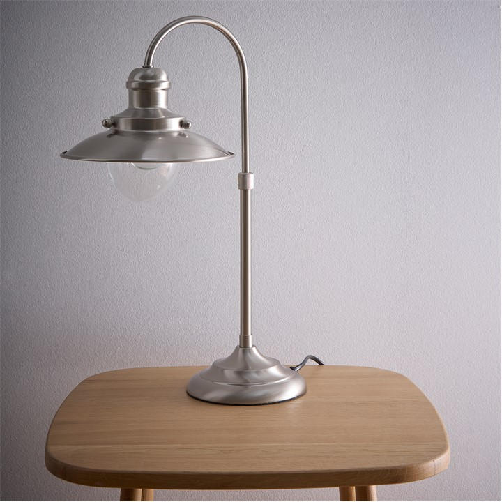 K Living  Silver Chester Satin Nickel Fisherman’s Style Table Lamp, Sports Direct