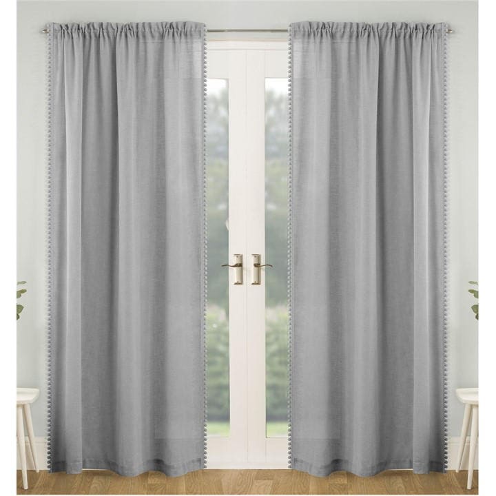 Tyrone Textiles  Grey Tahiti Pom-Pom Trim Single Voile Panel - Pair in Size 140x122cm, Sports Direct