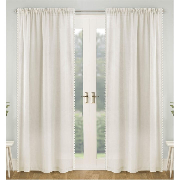 Tyrone Textiles  Cream Tahiti Pom-Pom Trim Single Voile Panel - Pair in Size 140x229cm, Sports Direct