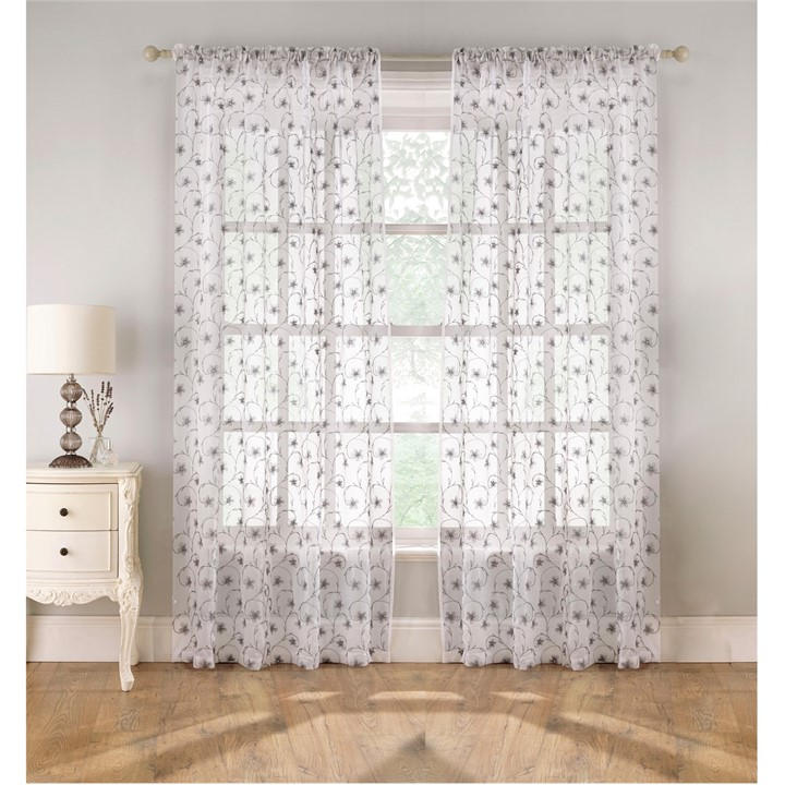 Tyrone Textiles Unisex Grey Belle Floral Embroidery Rod Pocket Panel - Pair 55X54in