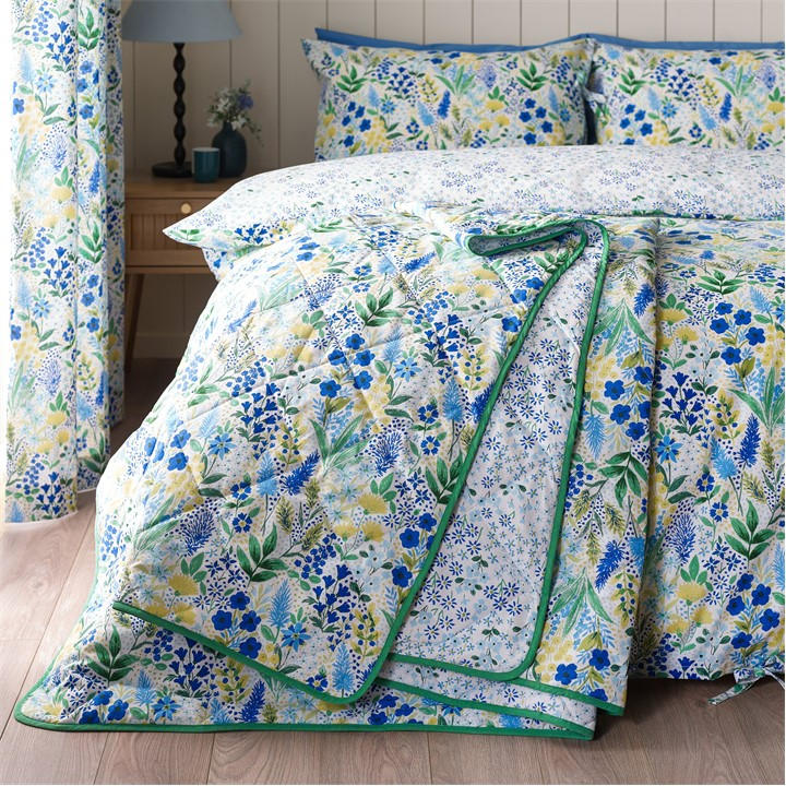 Catherine Lansfield  Blue Tilly Floral Fully Reversible Bedspread in Size 220x230cm, Sports Direct