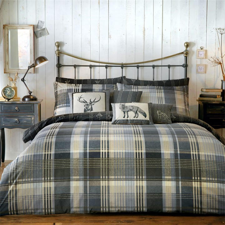 Dreams And Drapes Grey Connolly Check Brushed Cotton Duvet Cover Ochre - Single