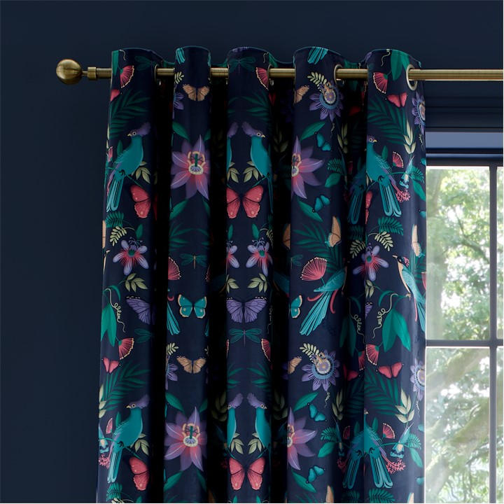 Catherine Lansfield Unisex Blue Mya Tropical Birds Eyelet Curtains Two Panels 46X90 Inch