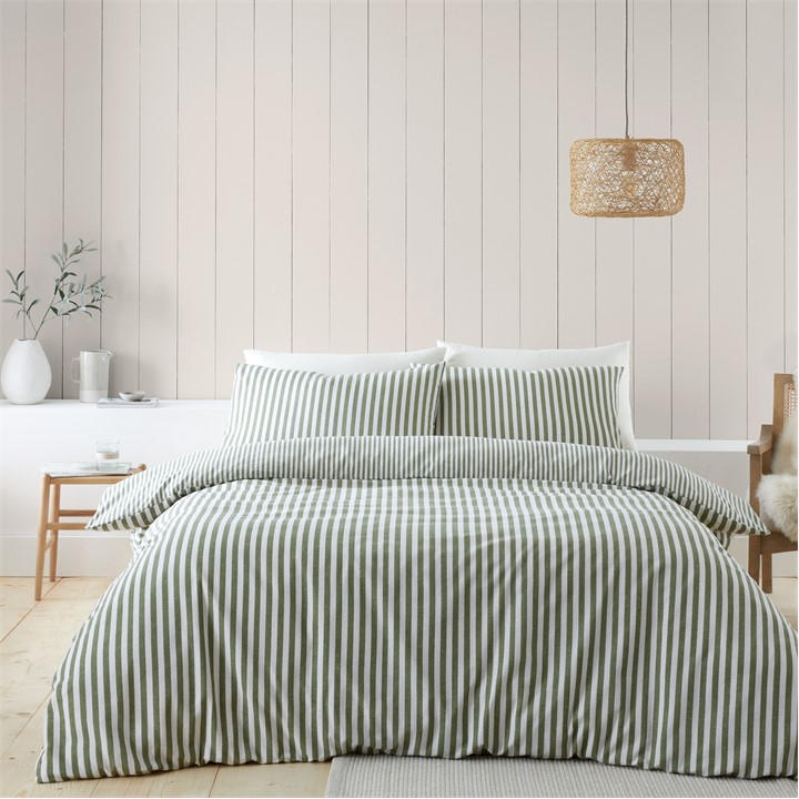 Catherine Lansfield  Green Brushed Cotton Stripe Reversible Duvet Cover Set in Size Single, Sports Direct