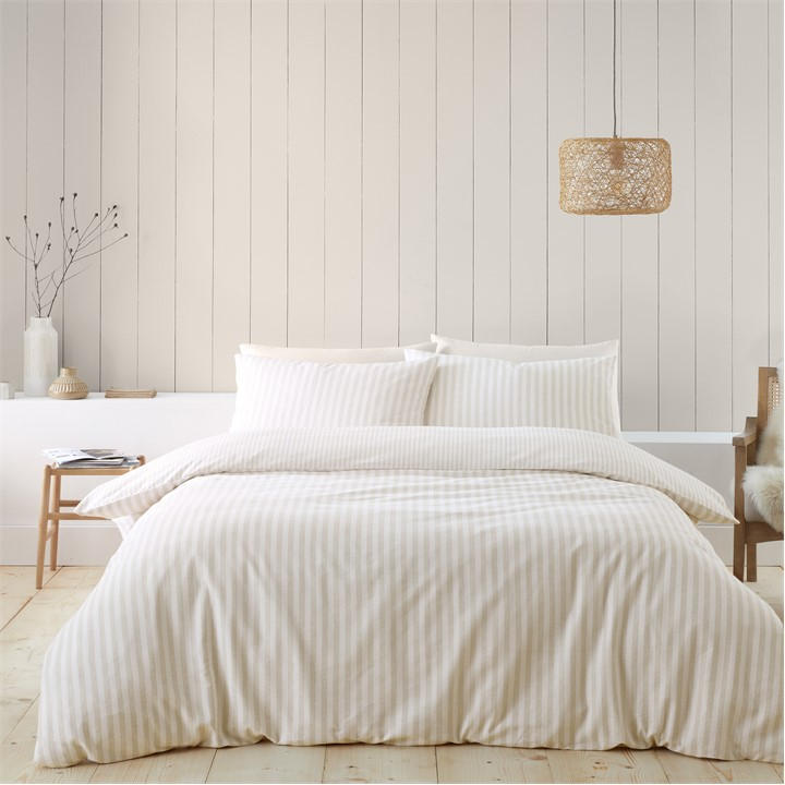 Catherine Lansfield  Beige Brushed Cotton Stripe Reversible Duvet Cover Set in Size Single, Sports Direct