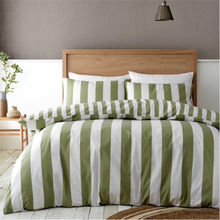Catherine Lansfield Unisex Green Stripe Reversible Duvet Cover Set Double