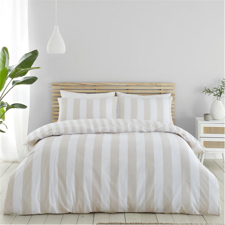 Catherine Lansfield Unisex Beige Stripe Reversible Duvet Cover Set Single