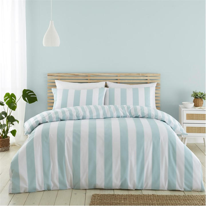 Catherine Lansfield  Seafoam Blue Cove Stripe Reversible Duvet Cover Set in Size Single, Sports Direct