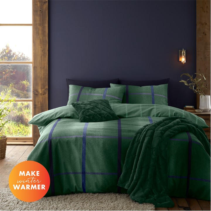 Catherine Lansfield Unisex Green Brushed Melrose Tweed Reversible Duvet Cover Set Double
