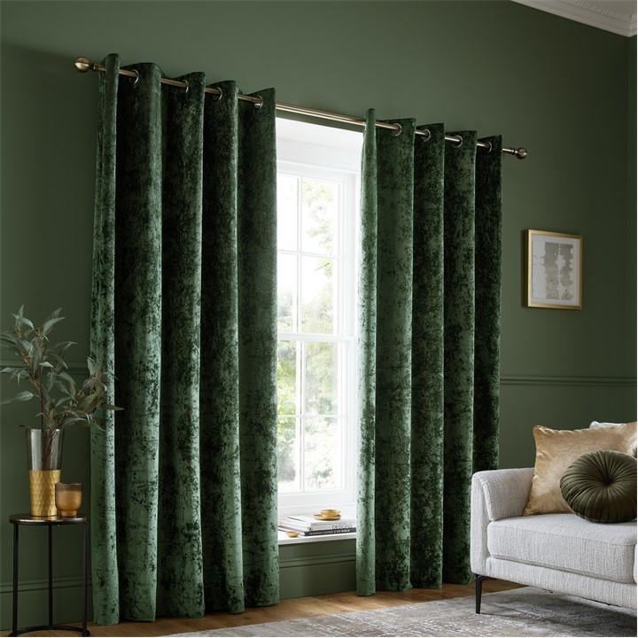 Catherine Lansfield  Green Crushed Velvet Lined Eyelet Curtains in Size 229x 229cm, Sports Direct