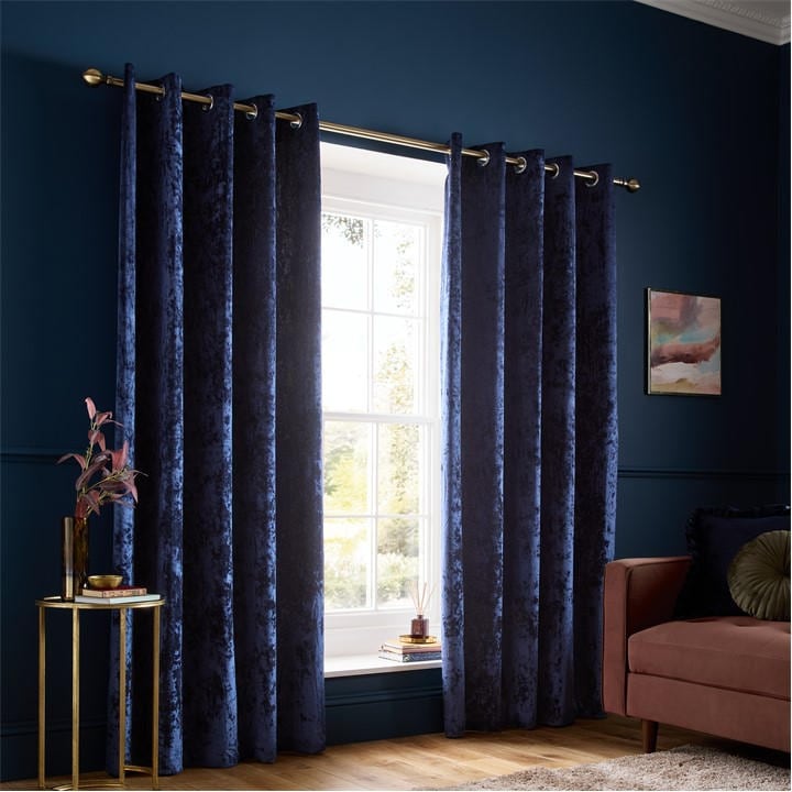 Catherine Lansfield  Blue Crushed Velvet Lined Eyelet Curtains in Size 229x 229cm, Sports Direct