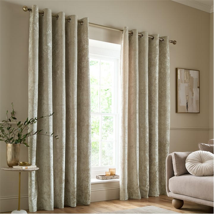 Catherine Lansfield  Beige Crushed Velvet Lined Eyelet Curtains in Size L, Sports Direct