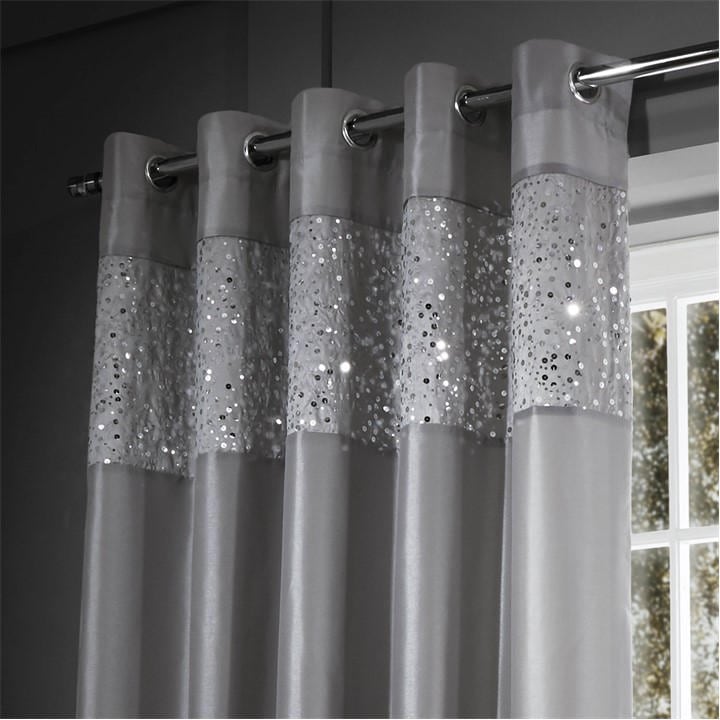 Catherine Lansfield  Grey Glitzy Sequin Lined Eyelet Curtains in Size 66x72 Inch, Sports Direct