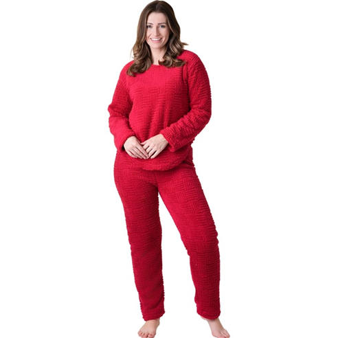 Camille - Womens Supersoft Textured Fleece Pyjamas with a Woven Pattern & Rope Detailing