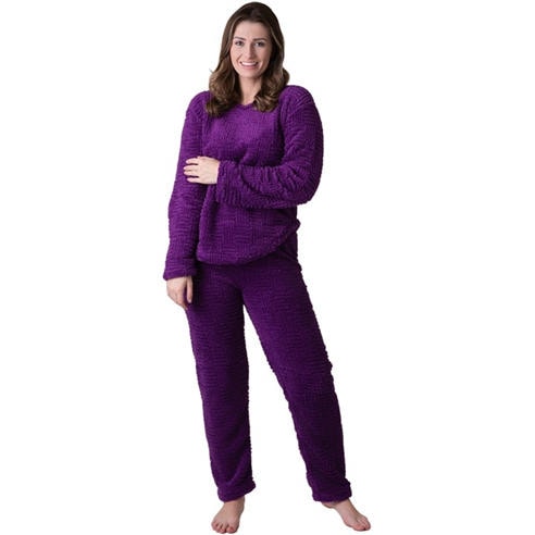 Camille - Womens Supersoft Textured Fleece Pyjamas with a Woven Pattern & Rope Detailing