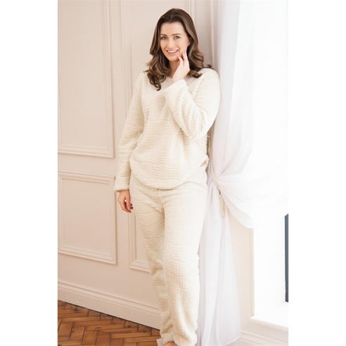 Camille - Womens Supersoft Textured Fleece Pyjamas with a Woven Pattern & Rope Detailing