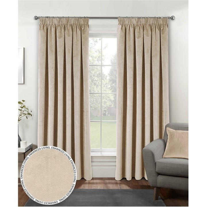 Enhanced Living  Cream Oxford Velvet Blackout Tape Top Curtains, Sports Direct