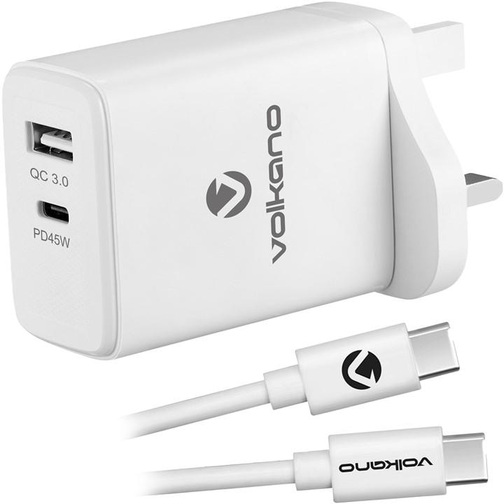Volkano  White 45W Gan Pd & Qc Dual Usb Charger & Cable, Sports Direct