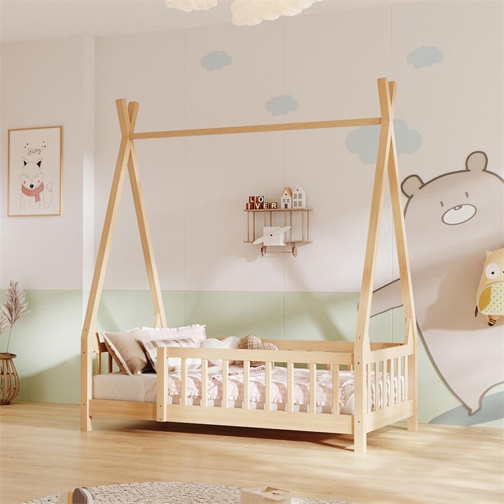 Kabinet Uk  Brown Kids Premium Wood House Bed Frame With Fence, Sports Direct