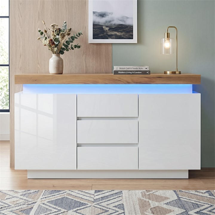 Urban Meuble Unisex White Modern Led High-Gloss Sideboard Chest Of Drawers