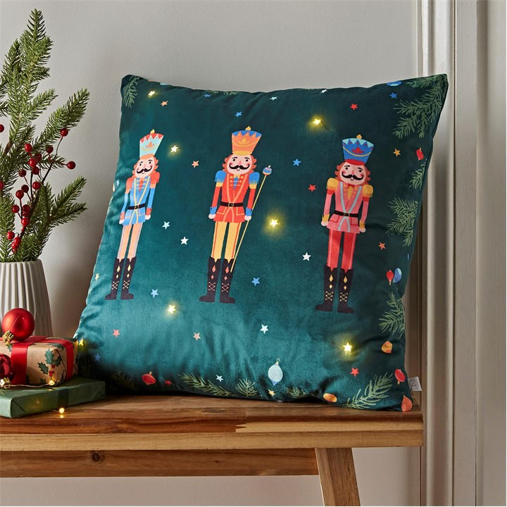 Catherine Lansfield  Green Christmas Nutcracker Soft Velvet Light Up Cushion in Size 45x45cm, Sports Direct