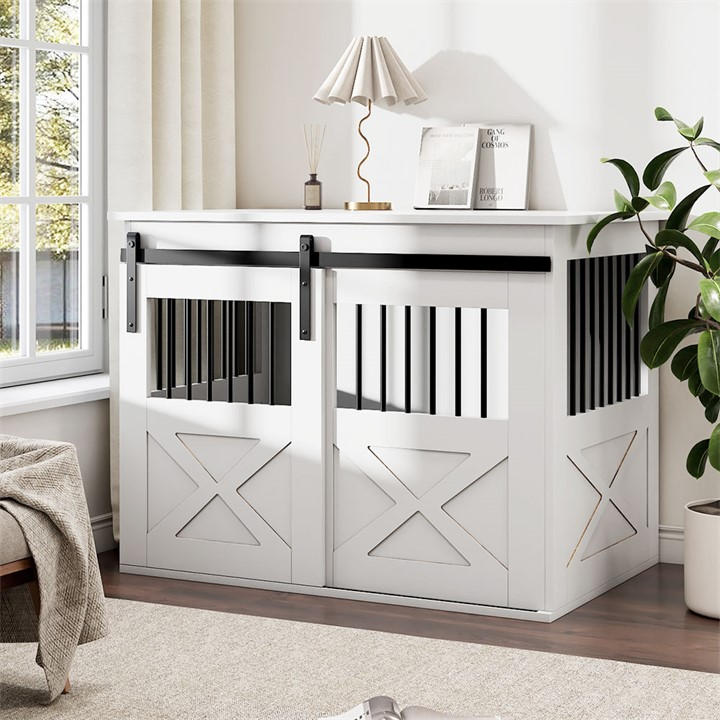 Kidkid Pet  White Wooden Dog Crate With Lockable Barn Door, Sports Direct