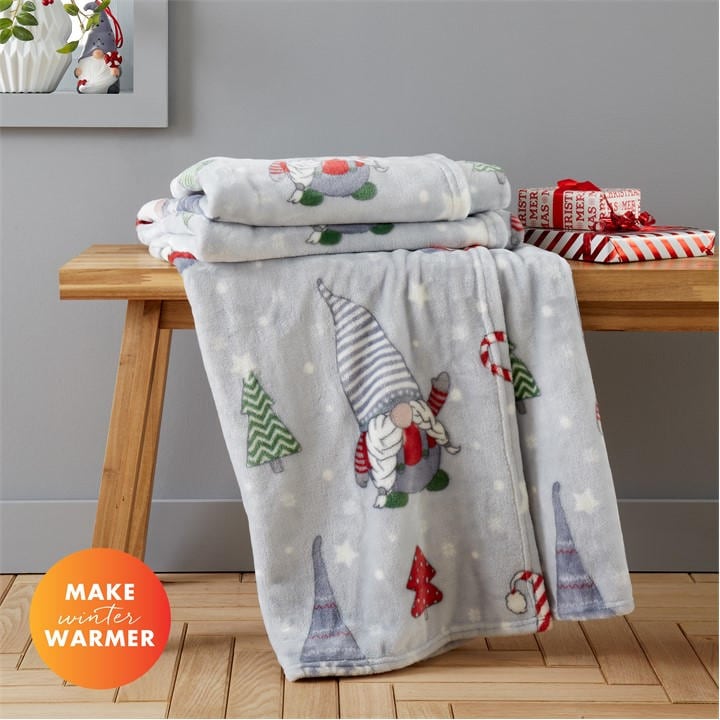 Catherine Lansfield  Grey Christmas Gnomes Fleece Cosy Blanket Throw, Sports Direct