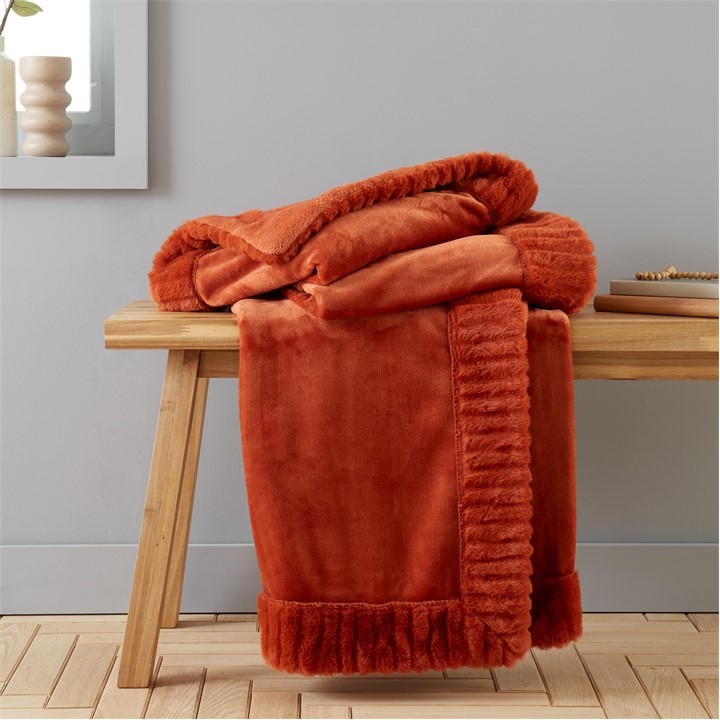 Catherine Lansfield Unisex Orange Velvet And Faux Fur Soft Touch Blanket Throw