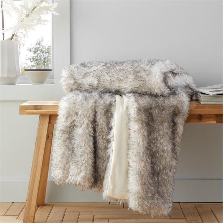 Catherine Lansfield  Grey Arctic Fox Cosy Faux Fur Blanket Throw, Sports Direct