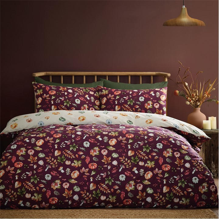 Catherine Lansfield Unisex Plum Autumn Pumpkins Duvet Cover Set In | Size: Double - Image 5