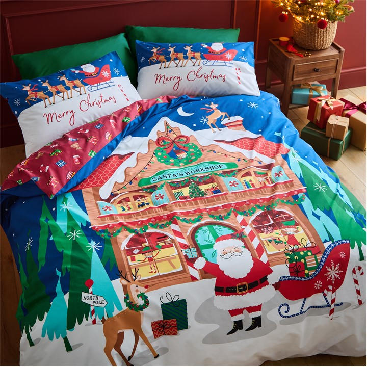 Catherine Lansfield Unisex Blue Christmas Santas Workshop Reversible Duvet Set Double