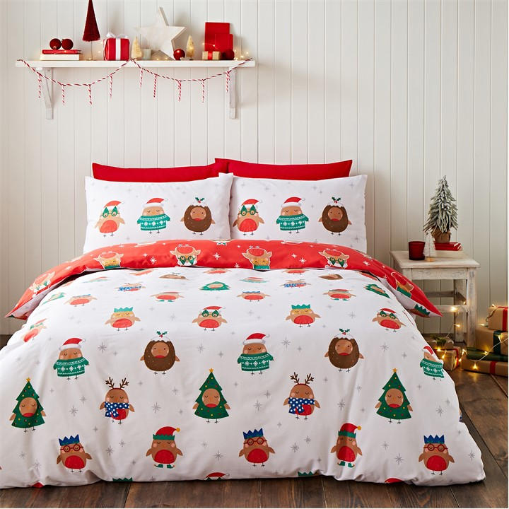 Catherine Lansfield  White Christmas Party Robins Reversible Duvet Cover Set in Size Single, Sports Direct
